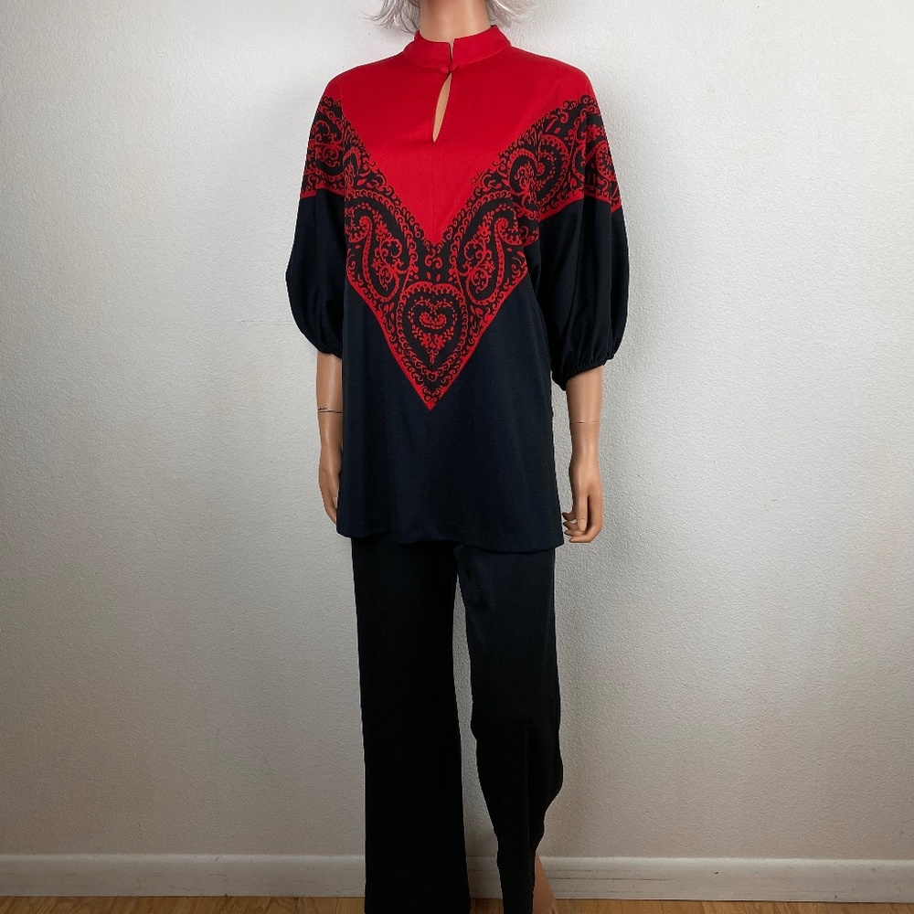 Vintage 70s Miss Shaheen Pant Set Medium Bold Red & Black Tunic Wide Leg Pants